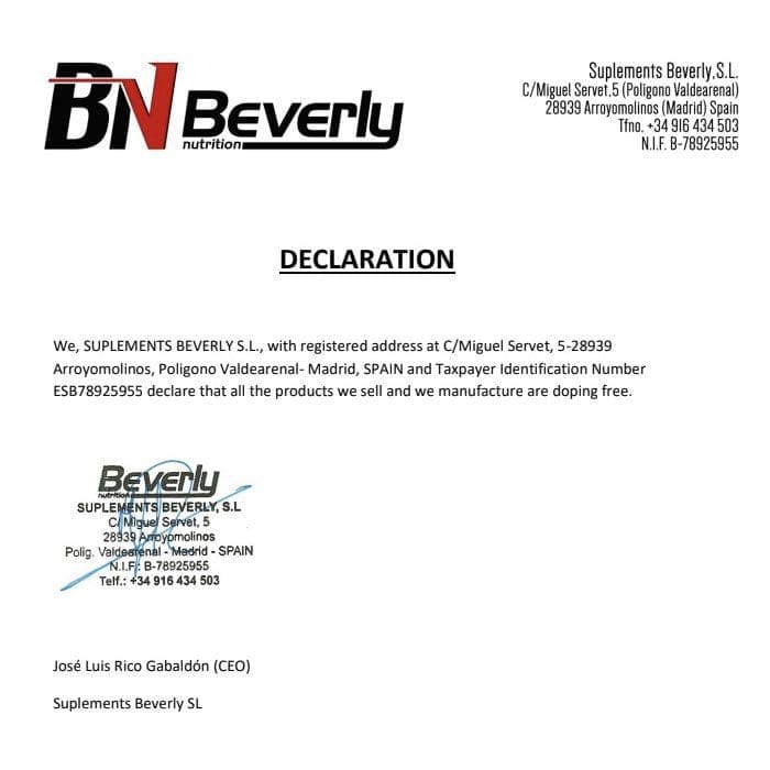 Beverly Nutrition doppingmentesség igazolás - nyilatkozat