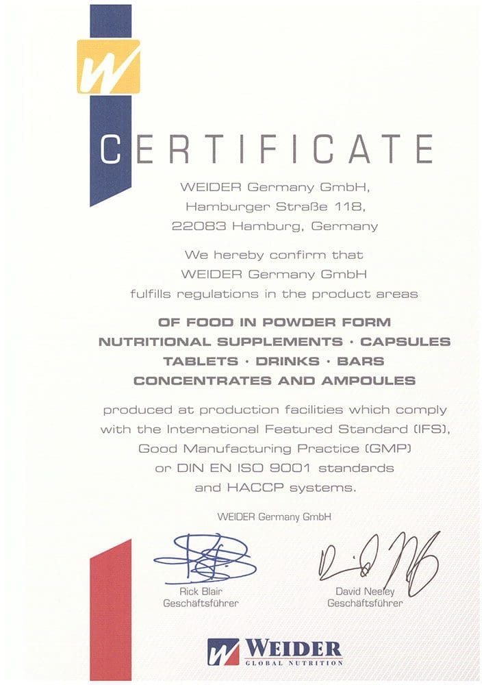 Igazolás a Weider gyártótól, hogy a termékeik megfelelnek a IFS, GMP, ISO 9001 sztenderdjeinek és a HACCP előírásainak
